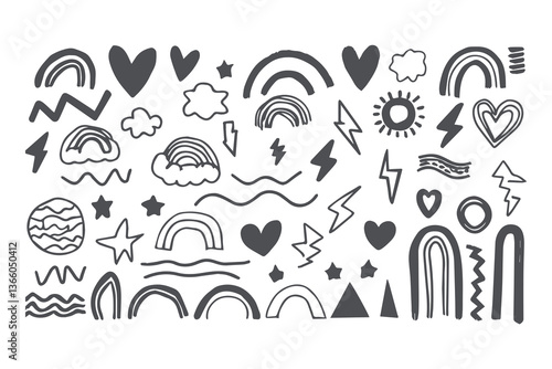 Whimsical Crayon Doodle Set. Hand-Drawn Abstract Shapes Featuring Hearts, Rainbows, Stars, Clouds, Lightning, and Playful Geometric Elements with Childlike Artistic Charm Vector Illustration