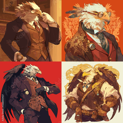  An eagle dressed in vintage attire with a steampunk vibe, featuring a sharp, intellectual look. The character exudes sophistication, intelligence, and power, with intricate details in each pose.