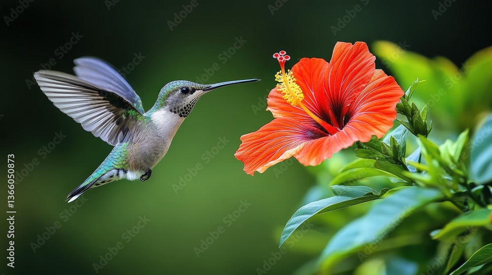 Fototapeta premium Hummingbird hovering near hibiscus garden wildlife photography natural habitat close-up tiny marvels