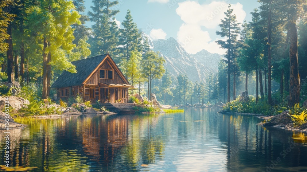 Fototapeta premium Cabin Retreat: Lakeside Serenity in the Mountains - A Peaceful Escape