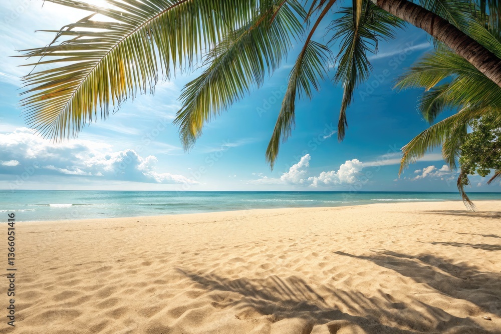 Fototapeta premium Serene Beach With Palm Trees Under Clear Blue Sky Generative AI