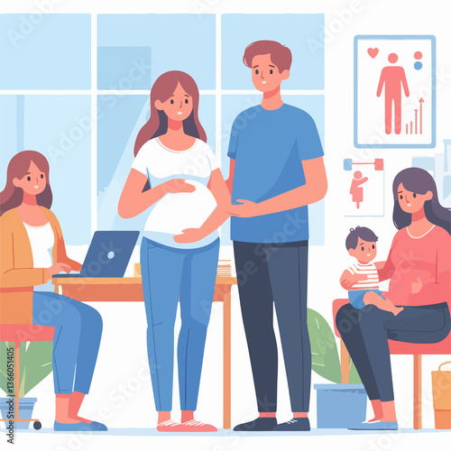 A group of people are gathered around a table with a pregnant woman and a baby