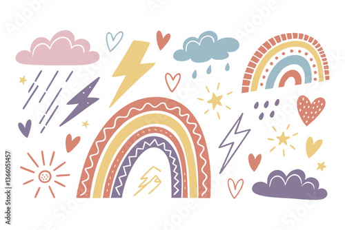 Whimsical Crayon Doodle Set. Hand-Drawn Abstract Shapes Featuring Hearts, Rainbows, Stars, Clouds, Lightning, and Playful Geometric Elements with Childlike Artistic Charm Vector Illustration