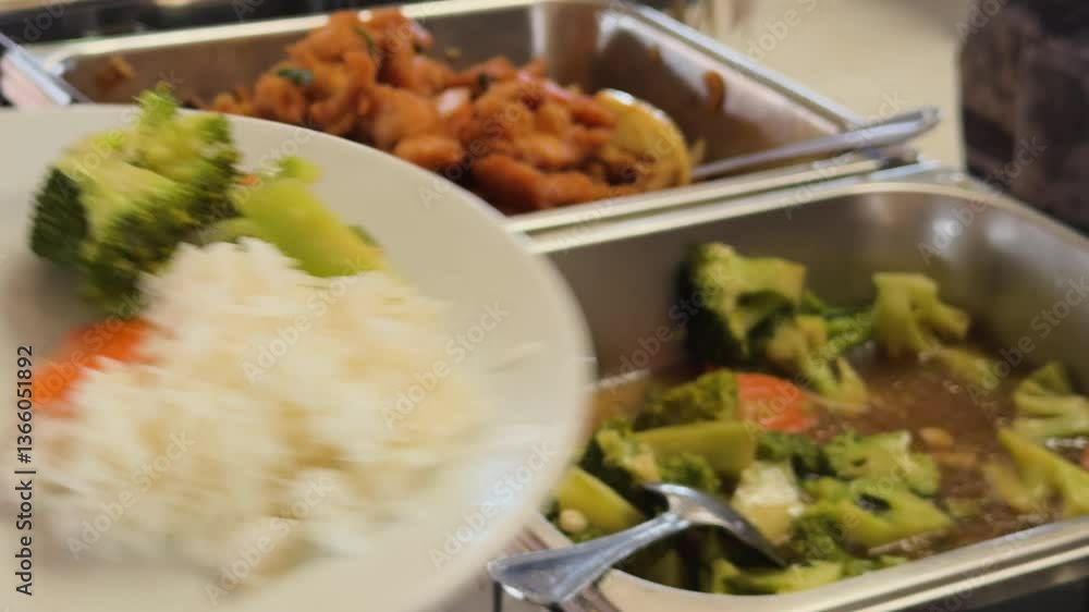 Hands puts stew and vegetables on a plate during breakfast at a hotel, pick up dish in self-service restaurant Hands puts stew and vegetables on a plate during breakfast at a hotel, pick up dish in self-service restaurant