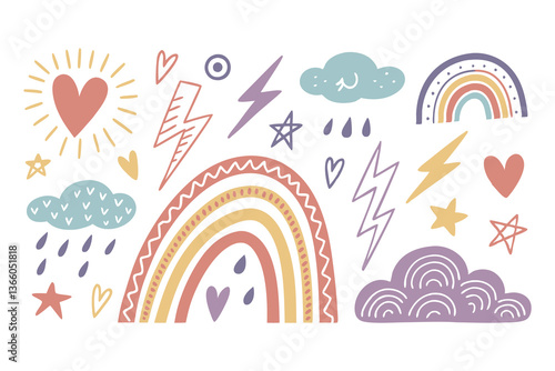 Whimsical Crayon Doodle Set. Hand-Drawn Abstract Shapes Featuring Hearts, Rainbows, Stars, Clouds, Lightning, and Playful Geometric Elements with Childlike Artistic Charm Vector Illustration