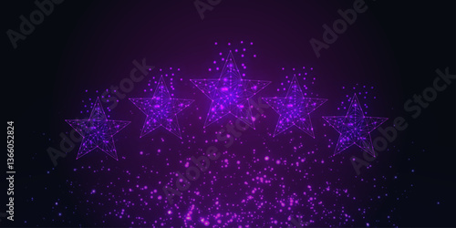 5 stars rating. Abstract purple stars. Low poly style design. Abstract geometric background. Wireframe light connection structure. Modern 3d graphic concept. Isolated vector illustration.