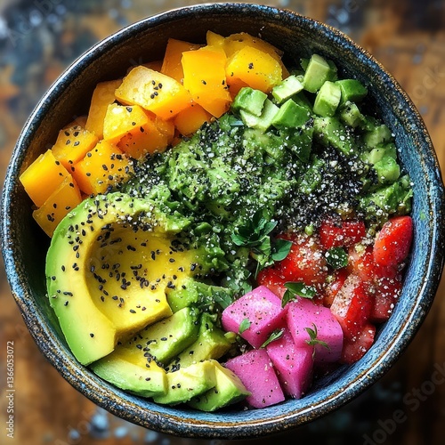 Colorful vibrant healthy bowl with mango, avocado, guacamole, strawberries, and beets.