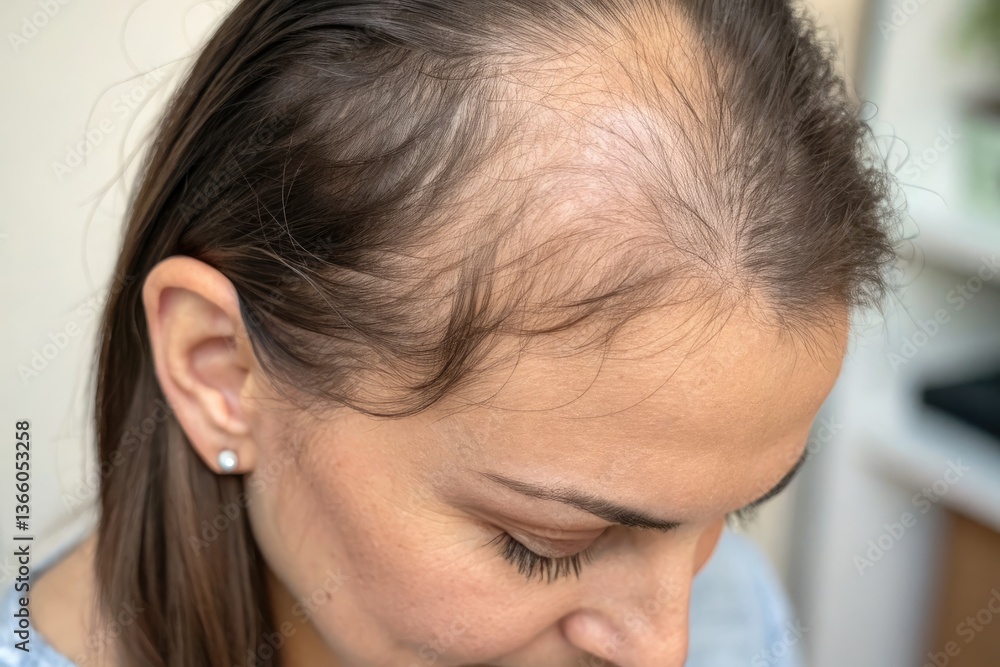 Fototapeta premium Woman With Thinning Hair Shows Scalp in Close up View Generative AI