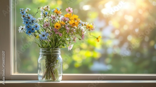 Colorful wildflowers in a mason jar on a windowsill, bathed in sunlight.