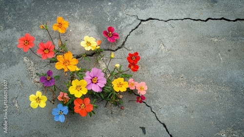Vibrant floral growth urban cracks photography nature top-down view brightly colored flowers newstandard
