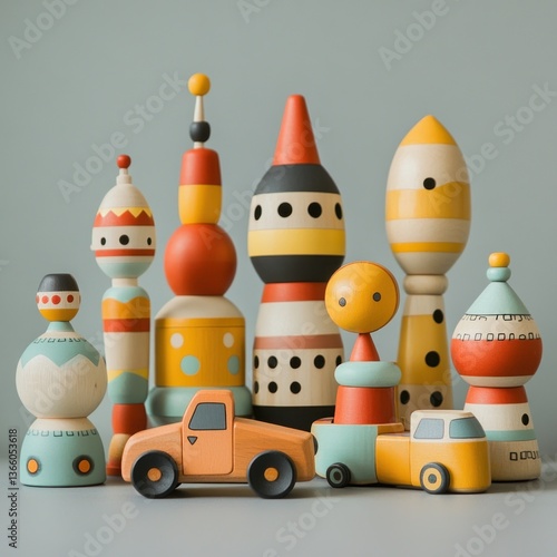 Colorful wooden toy city scene with vehicles and towers.