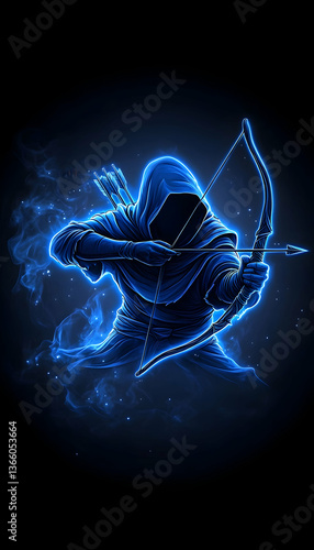 Hooded archer aims bow, bathed in radiant blue, poised against black