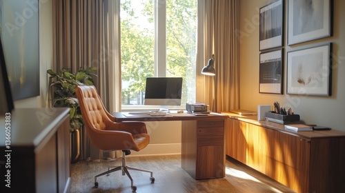 Cozy corner office with natural light, wooden furniture, and modern decor.