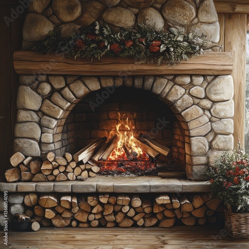 Cozy fireplace with logs burning, stone surround, festive decorations.