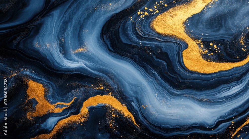 Abstract Indigo Ocean with Golden Veins: A Swirling Symphony of Dark Blue and Opulent Gold