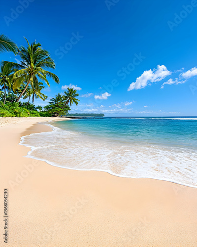 Idyllic tropical beach scene with palm trees, soft sand, and turquoise water under a bright blue sky