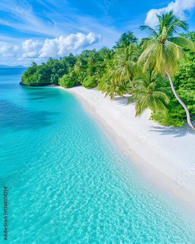 Idyllic tropical beach with crystal-clear turquoise water, white sand, and lush palm trees
