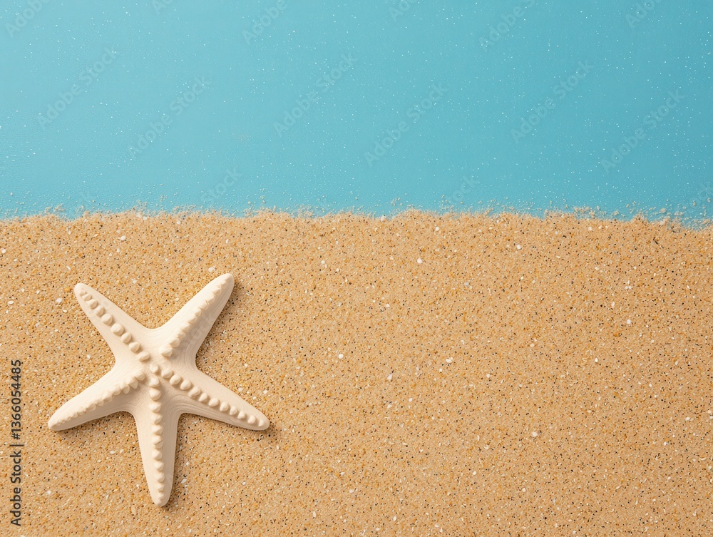 A starfish rests on golden sand with a serene blue background, evoking a tranquil beach scene. A starfish rests on golden sand with a serene blue background, evoking a tranquil beach scene.