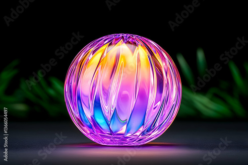 Illuminated glass sphere with iridescent colors, set against dark background and greenery