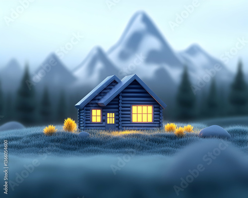 Illuminated log cabin nestled in a snowy mountain landscape at dusk