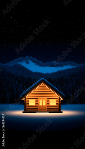 Illuminated log cabin in snowy mountain landscape at night