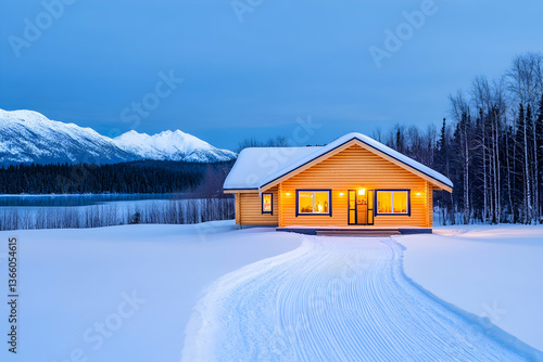 Illuminated log cabin nestled in snowy landscape at twilight, with mountain backdrop and winding path