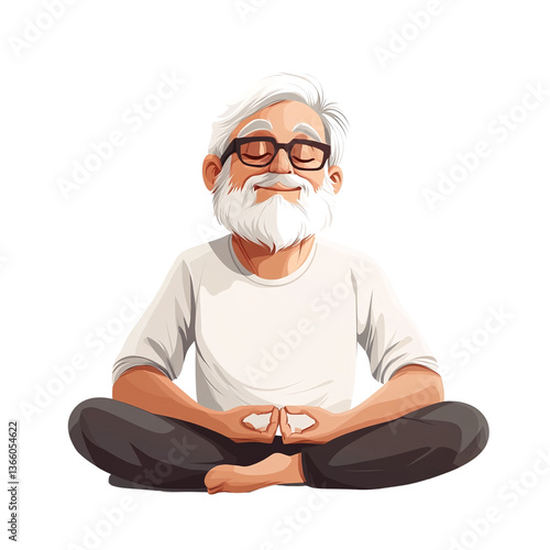 An elderly man with white hair and a beard meditating on a solid background.