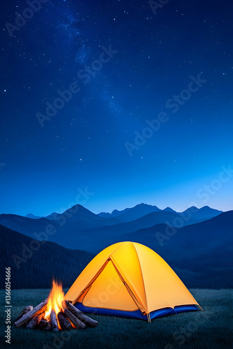 Illuminated tent and campfire under a starry night sky, mountainous backdrop
