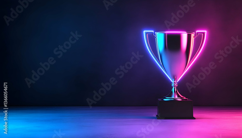 Illuminated silver trophy on dark background
