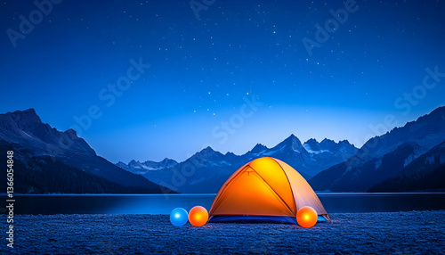 Illuminated tent on serene lakeshore at night, under a starry sky, mountains in the background
