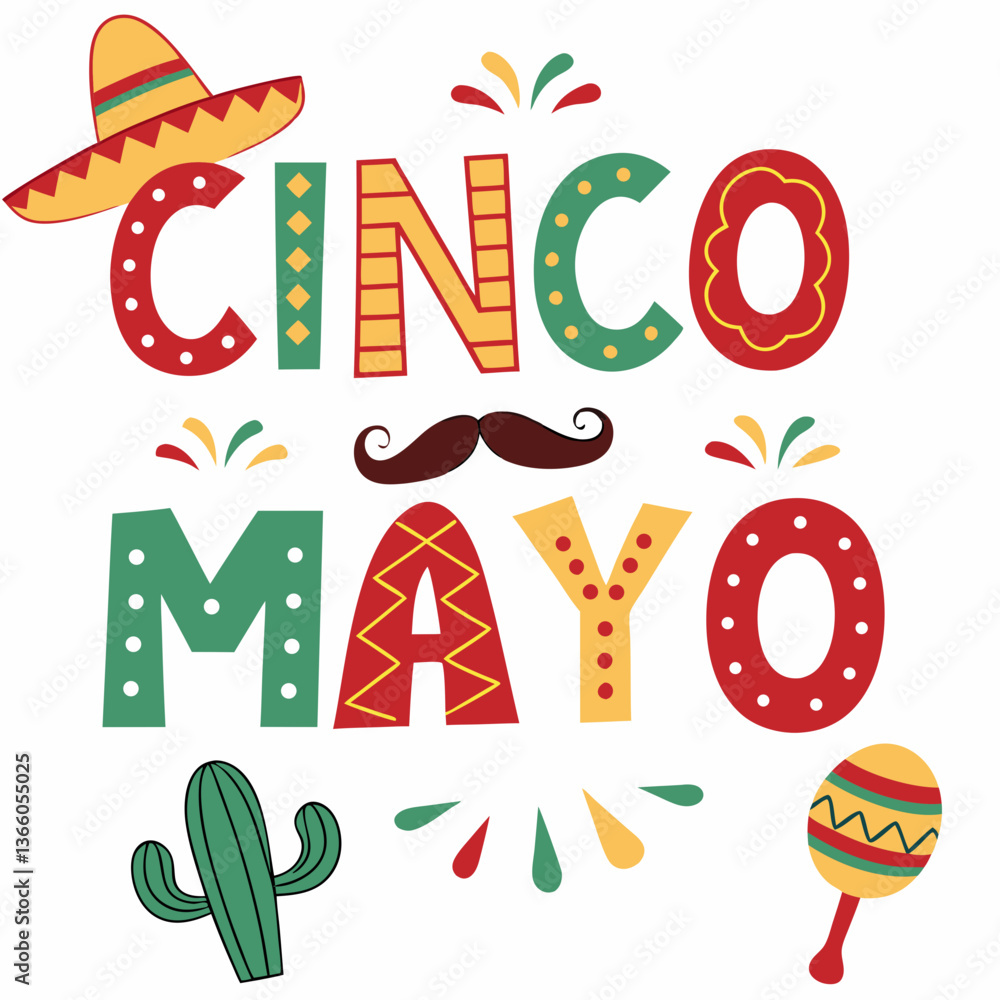 Festive Cinco de Mayo Design with Sombrero, Cactus, and Maracas Festive Cinco de Mayo Design with Sombrero, Cactus, and Maracas