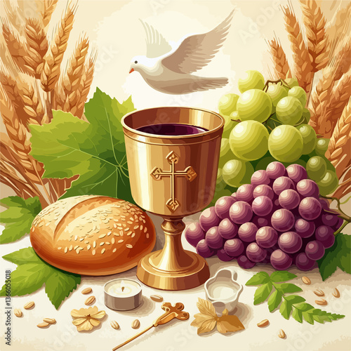 A painting of a cross, bread, grapes, and a bird