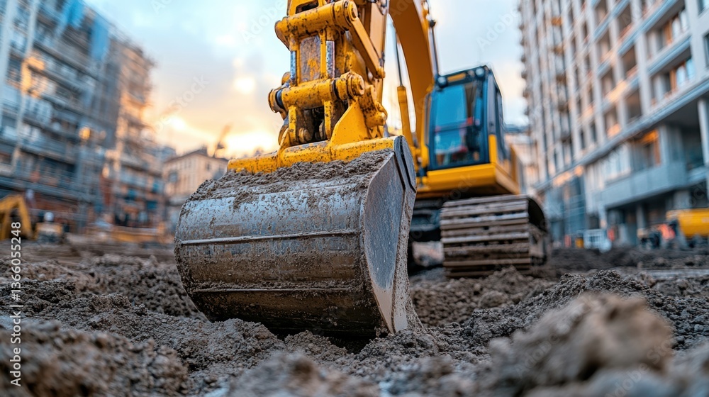 A close-up of construction machinery, such as bulldozers and excavators digging foundations for a new building A close-up of construction machinery, such as bulldozers and excavators digging foundations for a new building