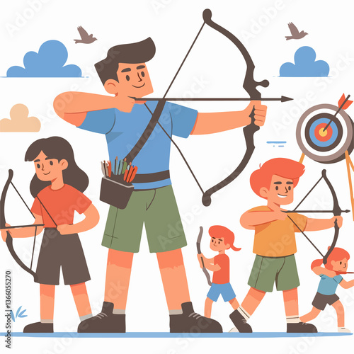 A group of people are playing archery, with one man holding a bow and arrow