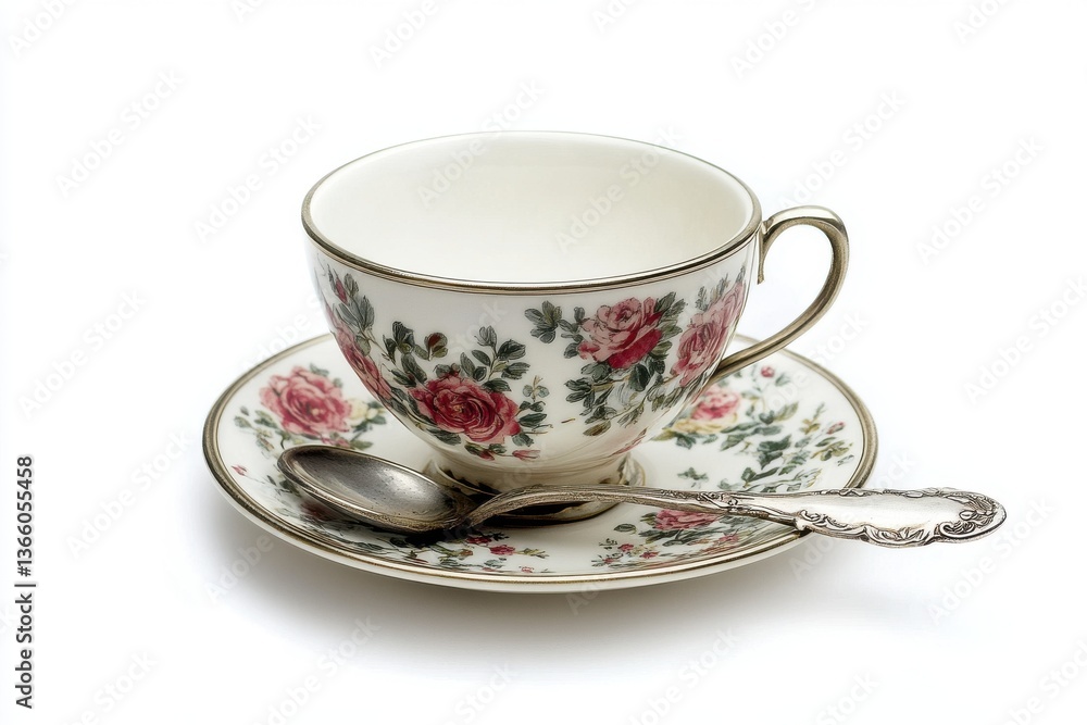 A teacup with a silver teaspoon, isolated on white background. A teacup with a silver teaspoon, isolated on white background.
