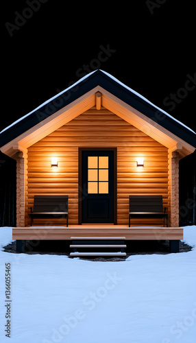 Illuminated wooden cabin in snowy landscape at night