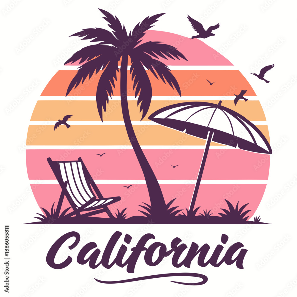 Naklejka premium California Sunset: Palm Tree, Beach Chair, and Umbrella Illustration