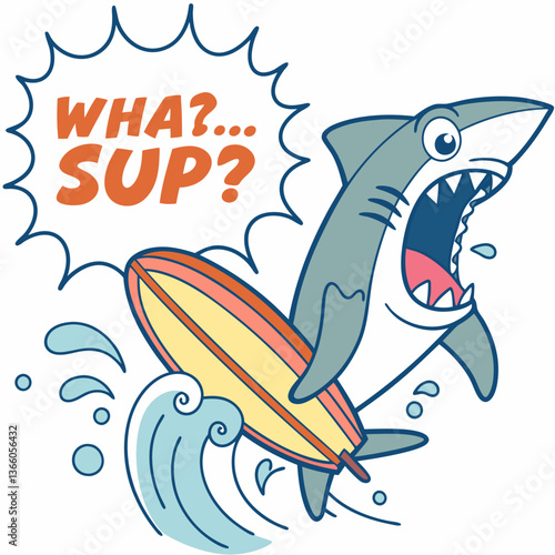 Surfing Shark Cartoon Character with Speech Bubble Saying Wha Sup