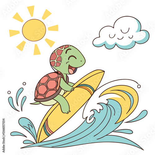 Happy Turtle Surfing Summer Wave, Cute Cartoon Illustration