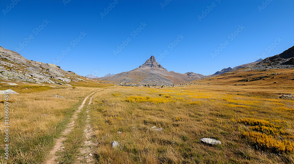 Fototapeta premium Vast Mountain Landscape With Clear Blue Sky And Golden Field In Sunlight