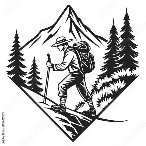 Vintage Hiker Ascending Mountain Trail, Black and White Illustration