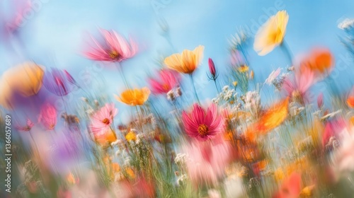 Dynamic motion blur of colorful flowers nature photography outdoor abstract concept
