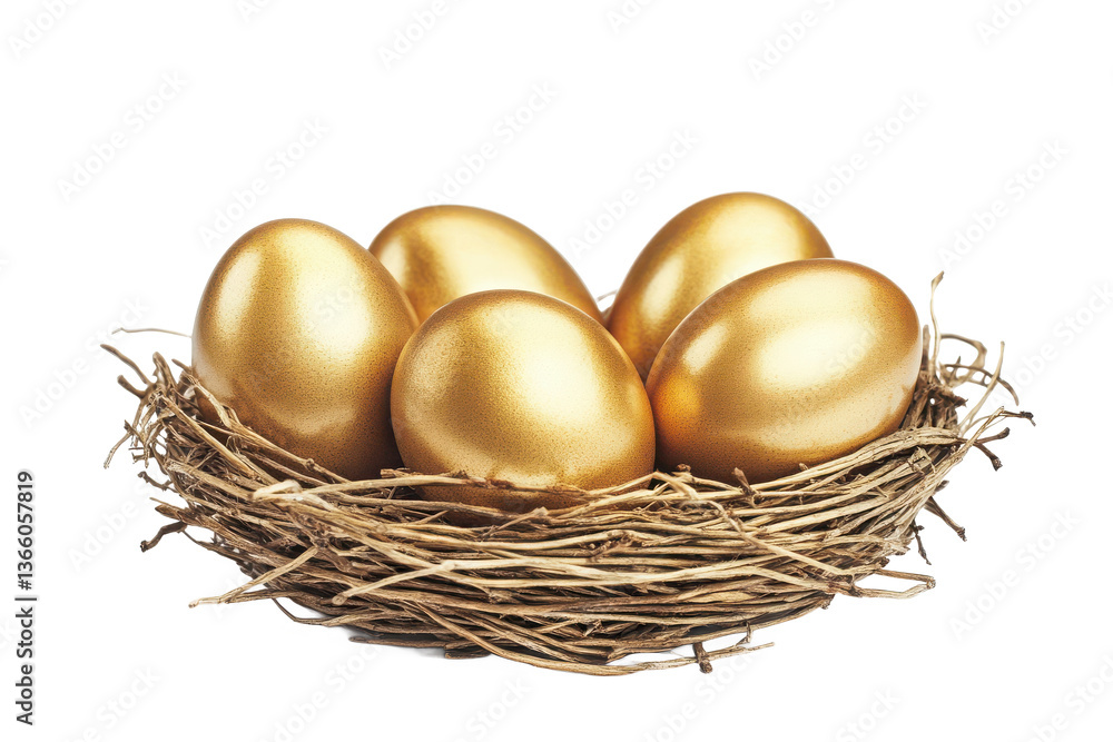Golden eggs in a nest isolated on a white background representing wealth and prosperity in nature-inspired design Golden eggs in a nest isolated on a white background representing wealth and prosperity in nature-inspired design