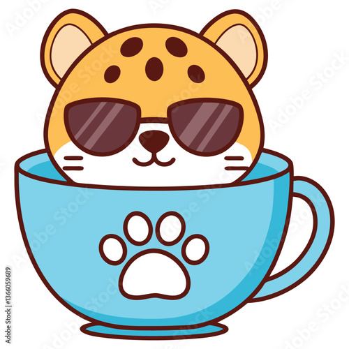 Cartoon Cool Cheetah in Cup with Sunglasses and Paw Print on a White Background