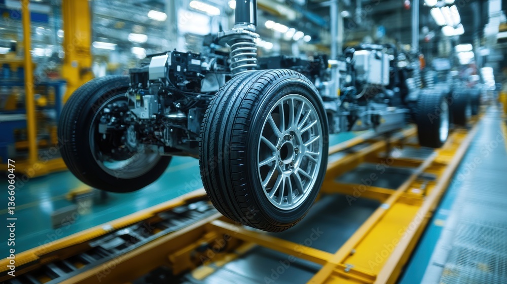 A close-up of an automotive factory where workers are assembling car parts with precision, installing wheels, engines, and electronics A close-up of an automotive factory where workers are assembling car parts with precision, installing wheels, engines, and electronics
