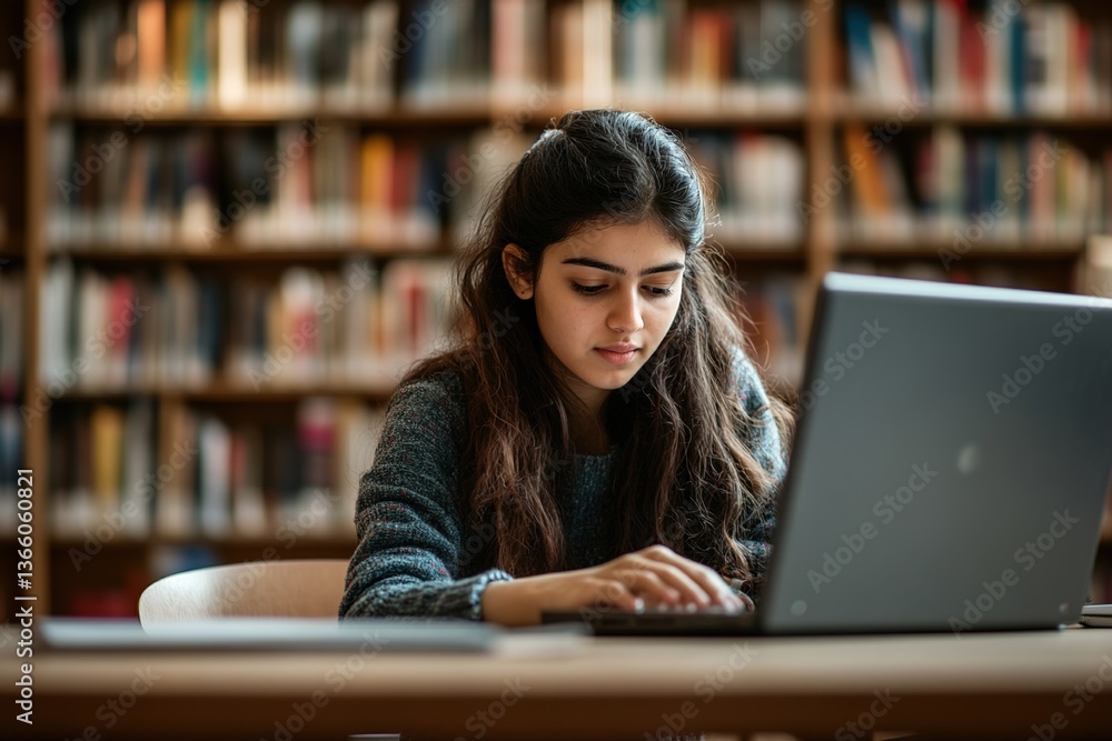Serious Indian college student girl working at computer in public library, typing on laptop at table, searching information for research study, using elearning app for education on Internet Serious Indian college student girl working at computer in public library, typing on laptop at table, searching information for research study, using elearning app for education on Internet