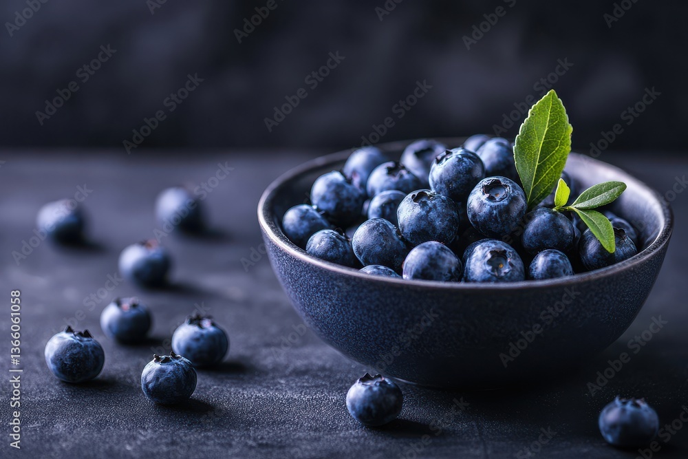 A ceramic bowl filled with fresh blueberries on a dark background A ceramic bowl filled with fresh blueberries on a dark background