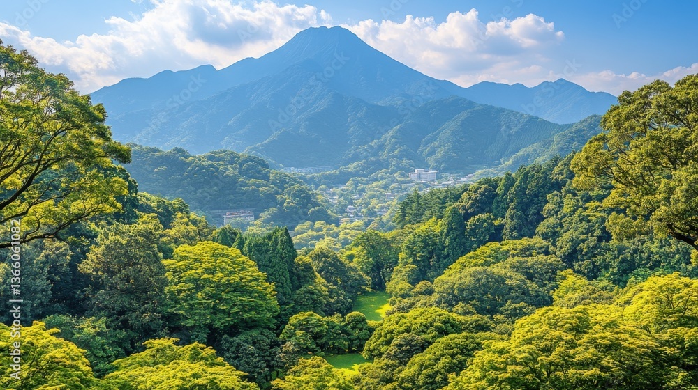 Fototapeta premium Lush Green Valley Vista with Distant Mountain and a Glimpse of Civilization, Beautiful Scenery