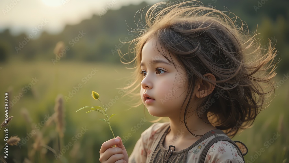 A thoughtful child experiences nature, holding a green leaf while surrounded by a beautiful, serene landscape. A thoughtful child experiences nature, holding a green leaf while surrounded by a beautiful, serene landscape.