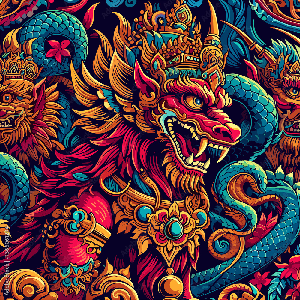 A colorful painting of a dragon with a crown on its head A colorful painting of a dragon with a crown on its head